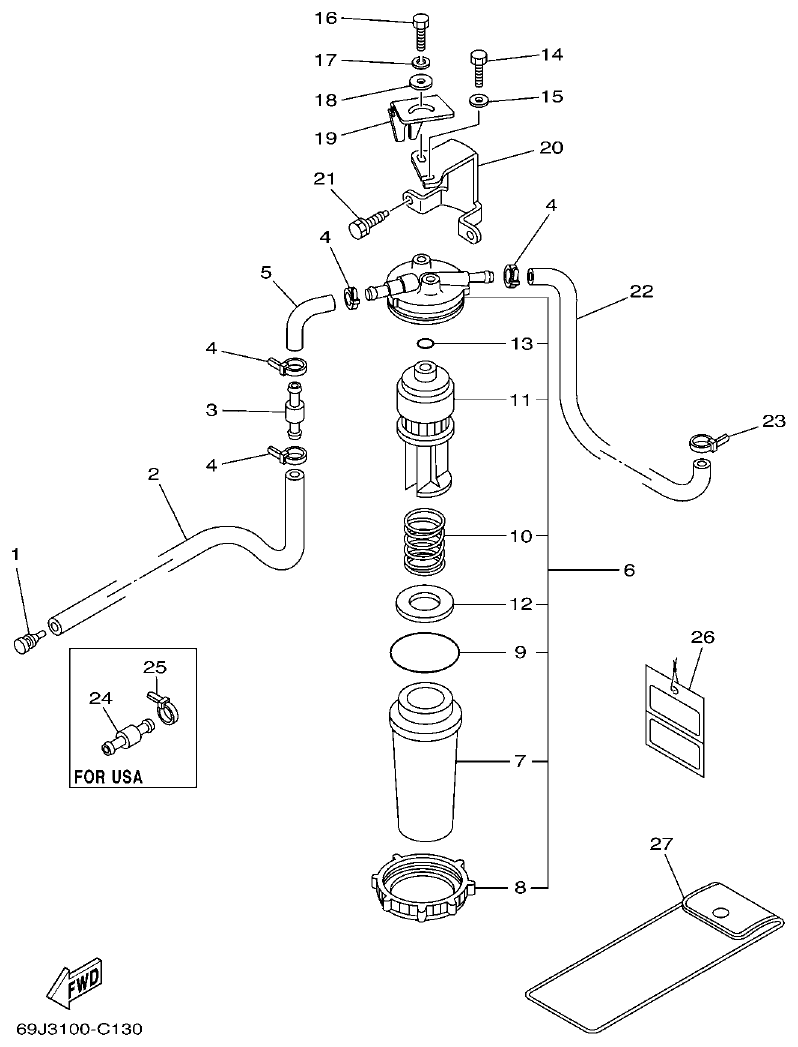 Yamaha F200A, F225A, FL200A, FL225A, F225TR, F200TR, LF225TR, LF200TR FUEL 1 parts diagram